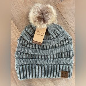 NWT CC Beanie Grey with Faux Fur Pom